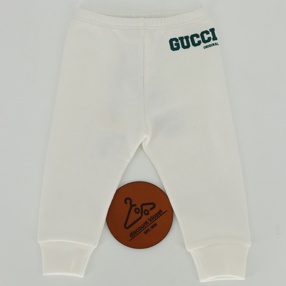 Gucci Kids Original Logo White Green Felted Cotton Jersey Jogger Pants 6-9M